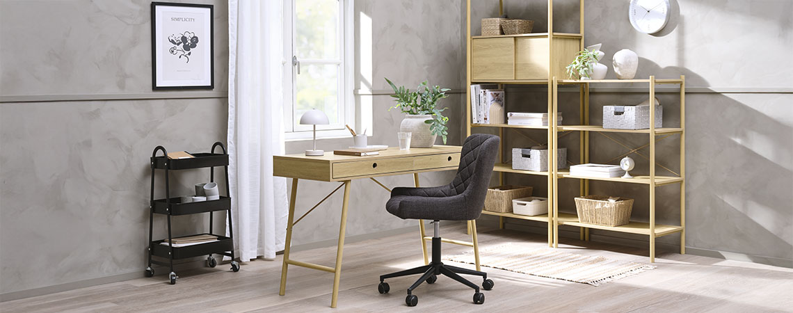 Home office with desk with storage, desk chair and shelving units